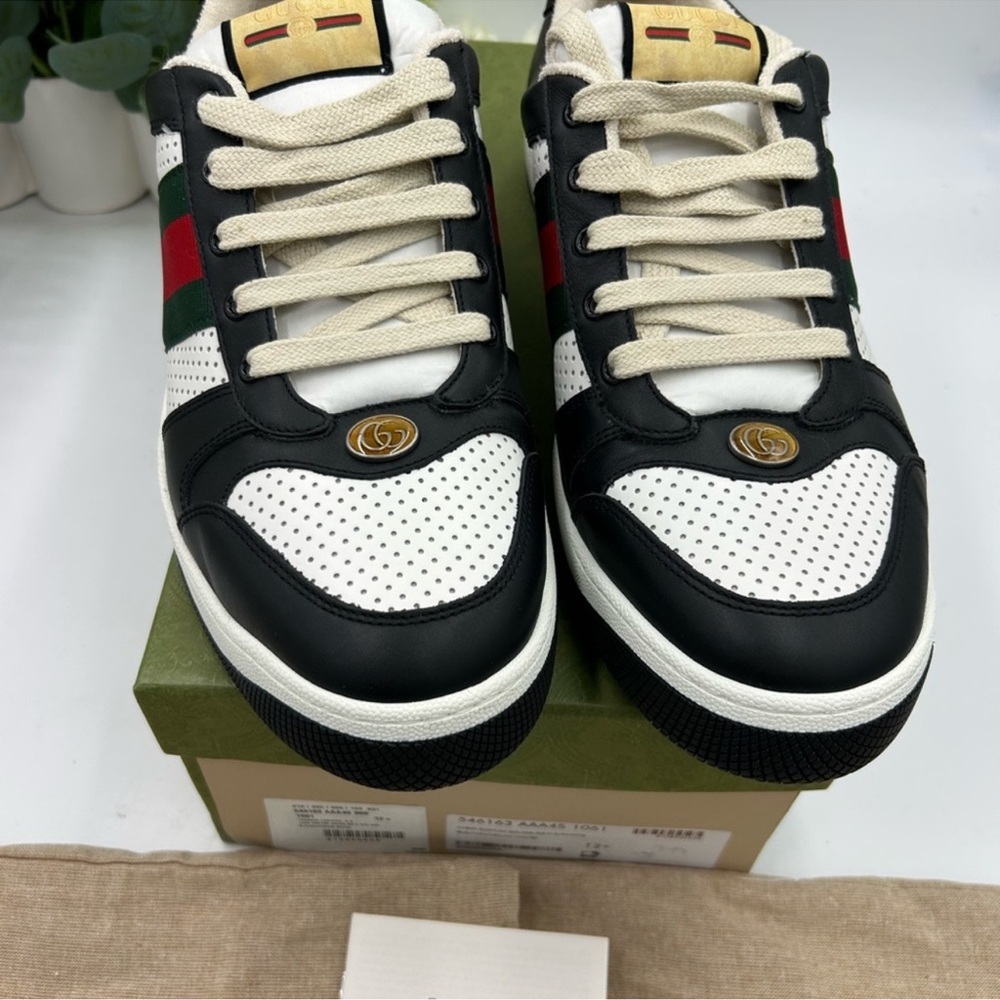 Men’s Gucci, low top screener sneakers, black/white paneled leather design 12.5 - Picture 3 of 12